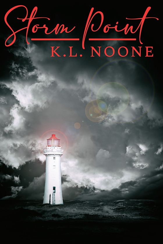 dramatic novella cover with grey clouds and storm at sea, and a bright white lighthouse with lit beacon standing guard