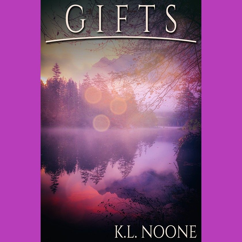 pink background around a book cover showing a pink and gold sunset reflected in a mountain lake; book is Gifts by KL Noone