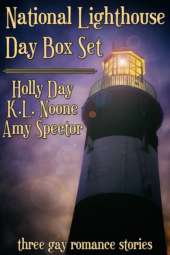anthology cover with stormy sunset background in indigo and gold, with old-fashioned lighthouse in front, with lit beacon