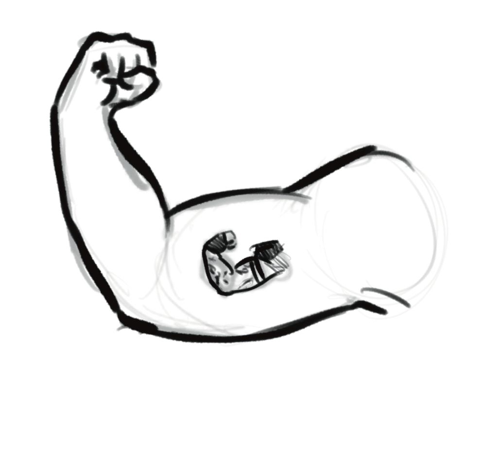 Poorly drawn arm flexing, featuring a tattoo on the bicep. It is of Ed’s right arm also flexing. 