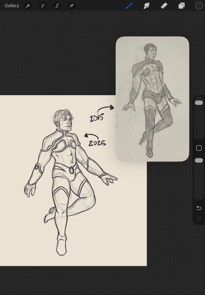 Screenshot from procreate depicting a drawing of Superman in a starfire outfit. There is also a reference image of a sketch of the same drawing. Arrows on the screen pointing to the sketch saying 2015 and the drawing saying 2025.