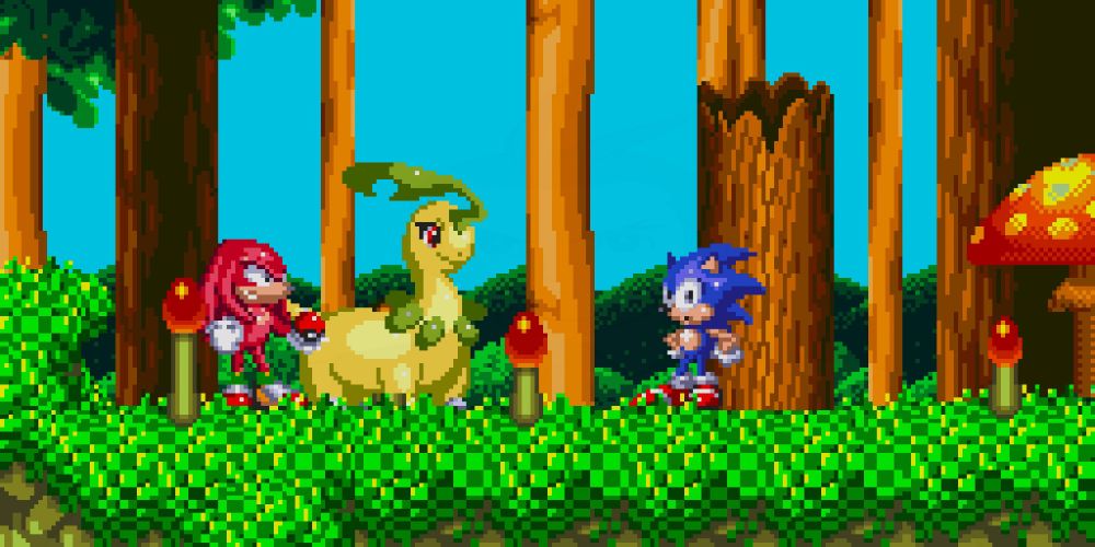 Sonic, Bayleef & Knuckles in Mushroom Hill Zone. Knuckles is holding a Poké Ball with a grin, while Sonic looks at the screen confused by the Pokémon.

#sonicthehedgehog #pokemon #bayleef #pixelart