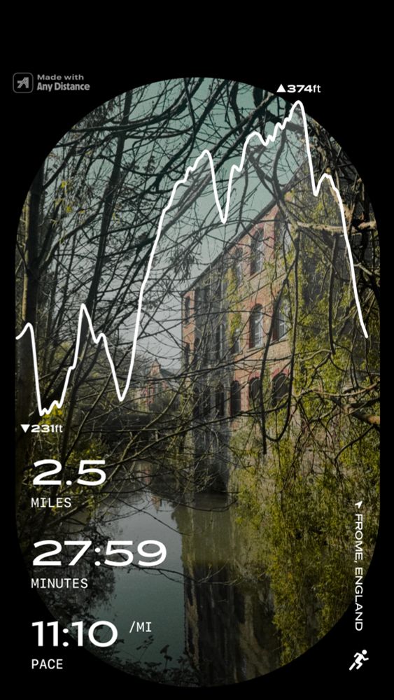 Run stats over a picture of a factory style building next to a river through some trees. 
Stats:
- 2.5 miles
- 27:59 minutes
- 11:10 minutes per mile
- -23ft min elevation 
- 374ft max elevation

Location: Frome, England