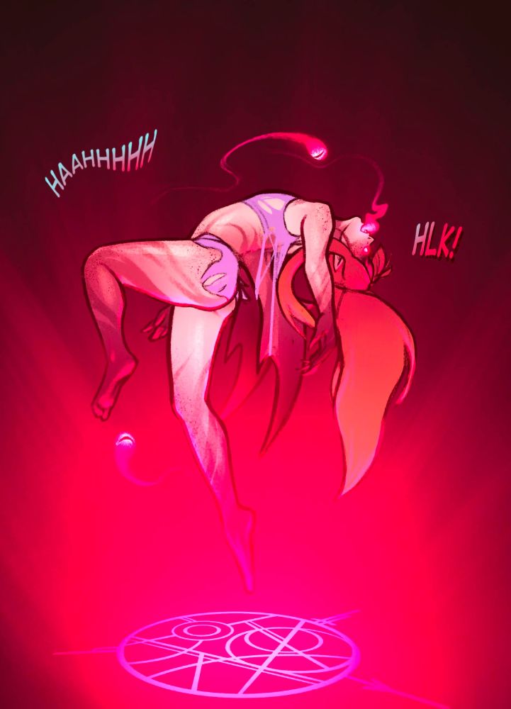 Fayne floats in mid-air, back arched, arms and legs dangling below him. His body has begun to transform, swirling dark patterns drifting up his limbs. Batlike wings have burst from his back, shredding his top in the process. 

Fayne's head is thrown back, eyes wide and full of pink light. His ears are pointed, and new horns extend from his forehead. The spectral eyes are orbiting his body, and the first of them is worming its way down his throat.

"HAAHHHHH... HLK!"