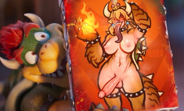 Bowser from the new Mario galaxy trailer holding up his painting but it’s big dick Bowsette art