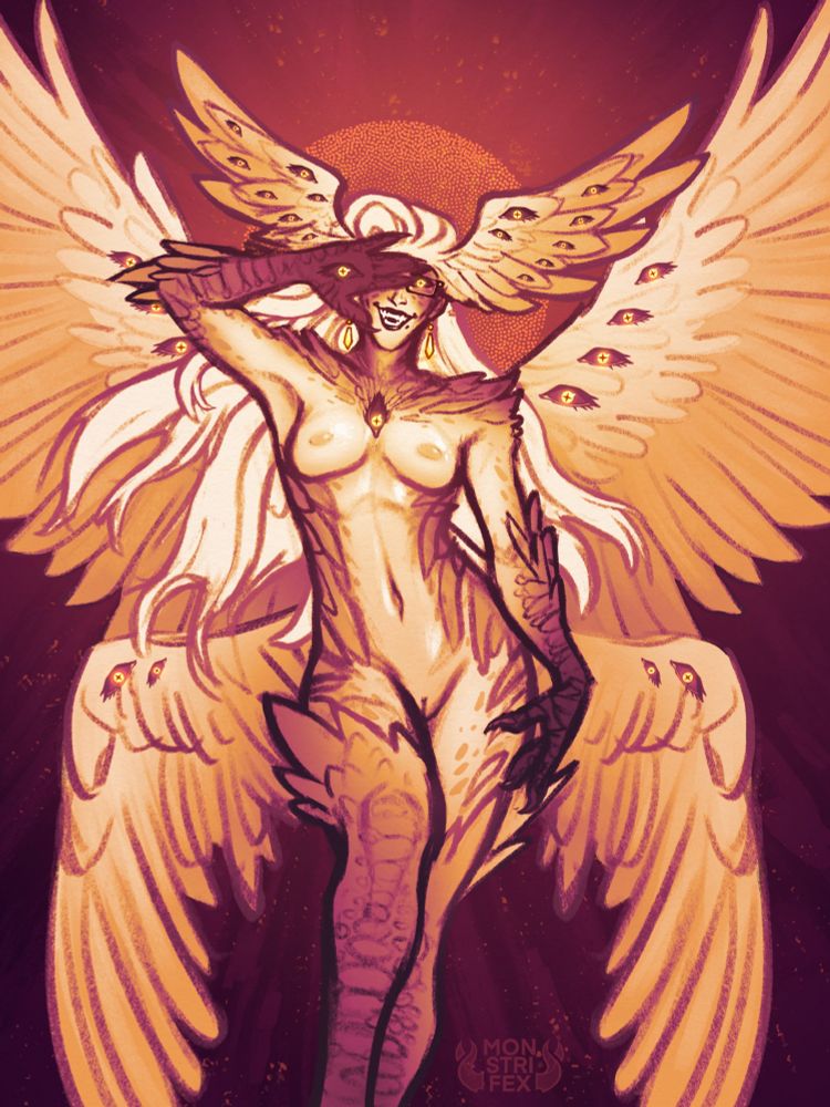 The Librarian in the form of a monstrous angel. Two pairs of feathered wings extend from her back, and another pair extends from her temples. The wings are studded with many eyes, each with a pupil in the shape of a sharp four pointed star. The Librarian's body is covered in birdlike feathers and scales ranging from white to yellow and orange. She holds a taloned hand up to her face, showing an eye on her palm that covers the left eye on her face.
