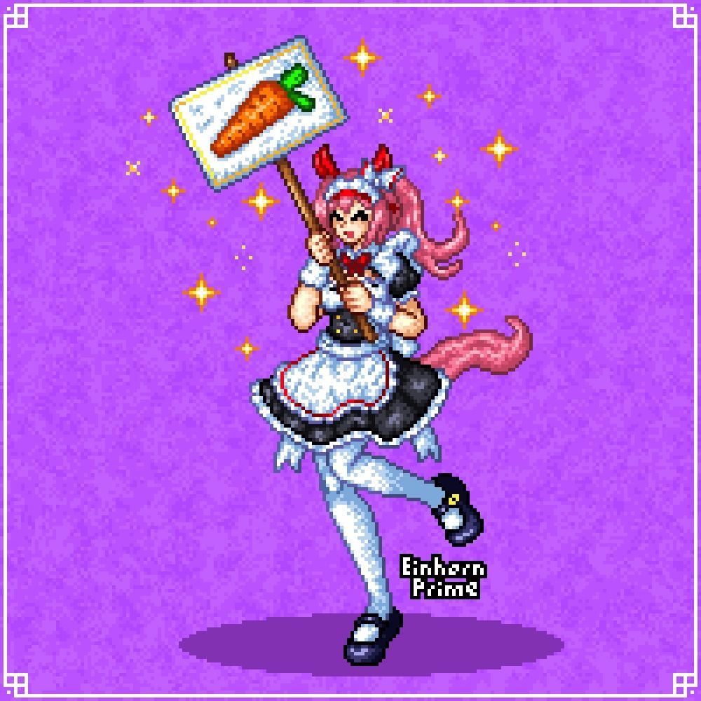 A pixel art of a happy Haru Urara from Umamusume Pretty Derby wearing a maid uniform meanwhile she is a holding a sign with the drawing of a carrot wth the purpose to sell delicious carrots 