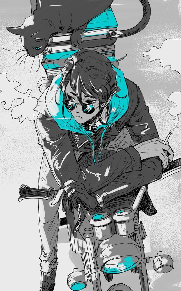 Teo before FF14 leaning down on a motorcycle smoking with a cat behind him.