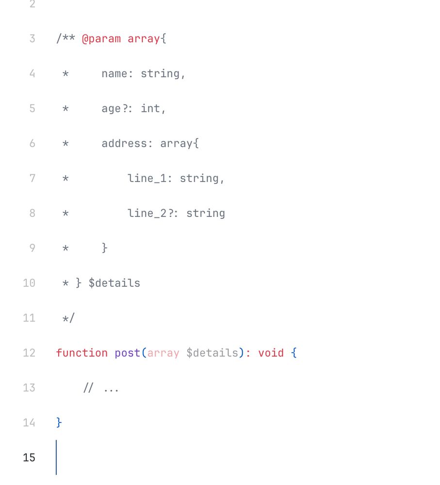 Code screenshot that contains a PHP DocBlock with an array-shape type.
