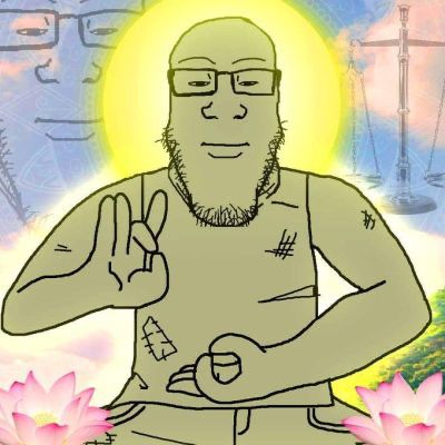 A reaction image of a big-chinned soyjack, his expression peaceful and head surrounded by a halo. He’s cross-legged and making mudra hand gestures while surrounded by lotus flowers. A bright saturated sky background with a balanced scale and the same expression float behind him serenely.
