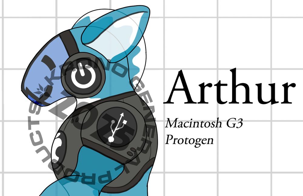 The head and shoulders of an inflatable Bondi Blue and Graphite Grey protogen, based off of Macintosh G3 hardware.