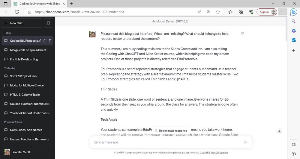 Example conversations with ChatGPT regarding a blog post draft.