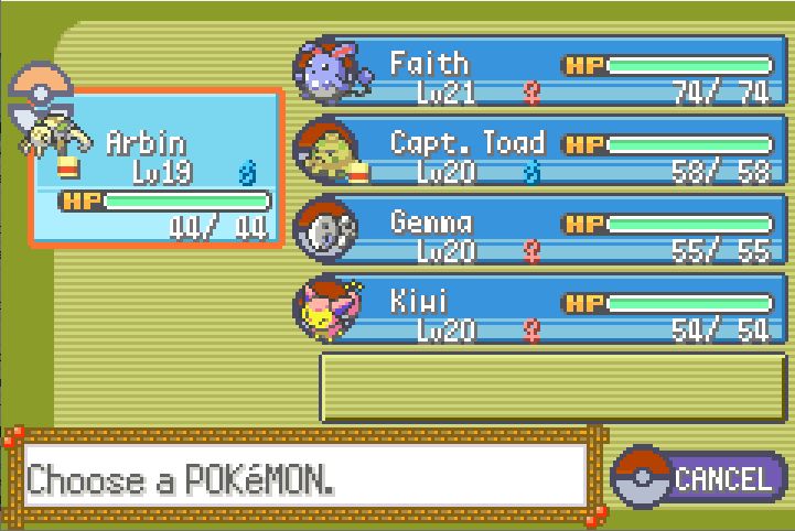 A picture of Pokemon Emerald's party menu screen. There are five Pokemon; a Nincada nicknamed Arbin holding a Silk Scarf, an Azumarill nicknamed Faith, a Shroomish nicknamed Captain Toad holding a Miracle Seed, an Aron nicknamed Gemma, and a Skitty nicknamed Kiwi.