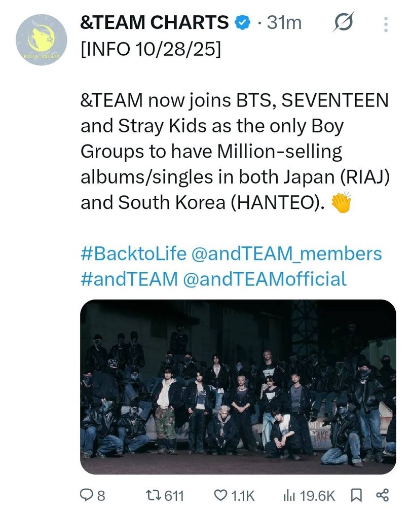 Screenshot of post from &Team Charts. Text: &Team now joins BTS, SVT & SKZ as the only boy group to have million selling singles in both Japan and SK 