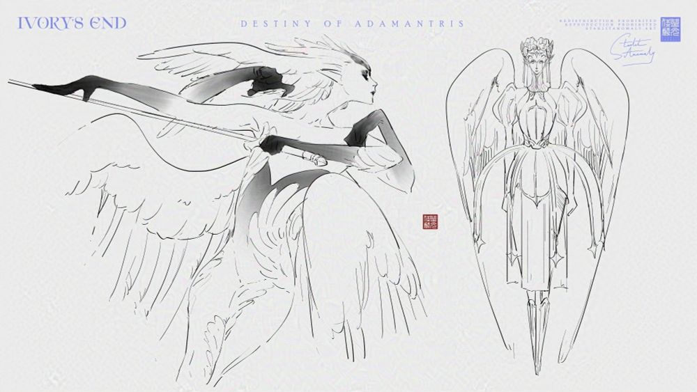 Art: Sketches of a many-winged humanoid swinging a sword on the left, and a heavily armoured and restricted version of them on the right
Glazed and Nightshaded