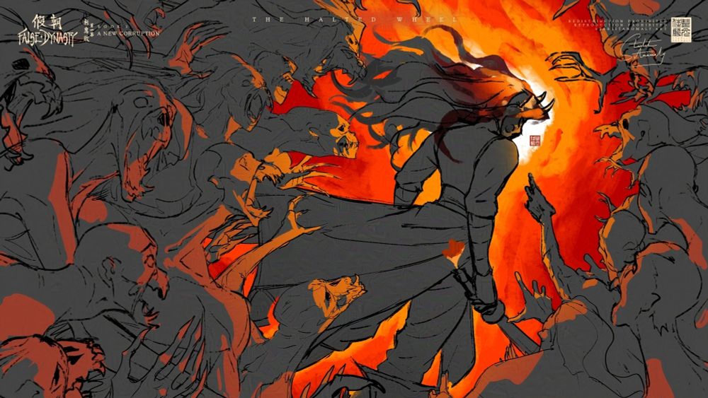 Art: A fiery Remi surrounded by lots of zombies