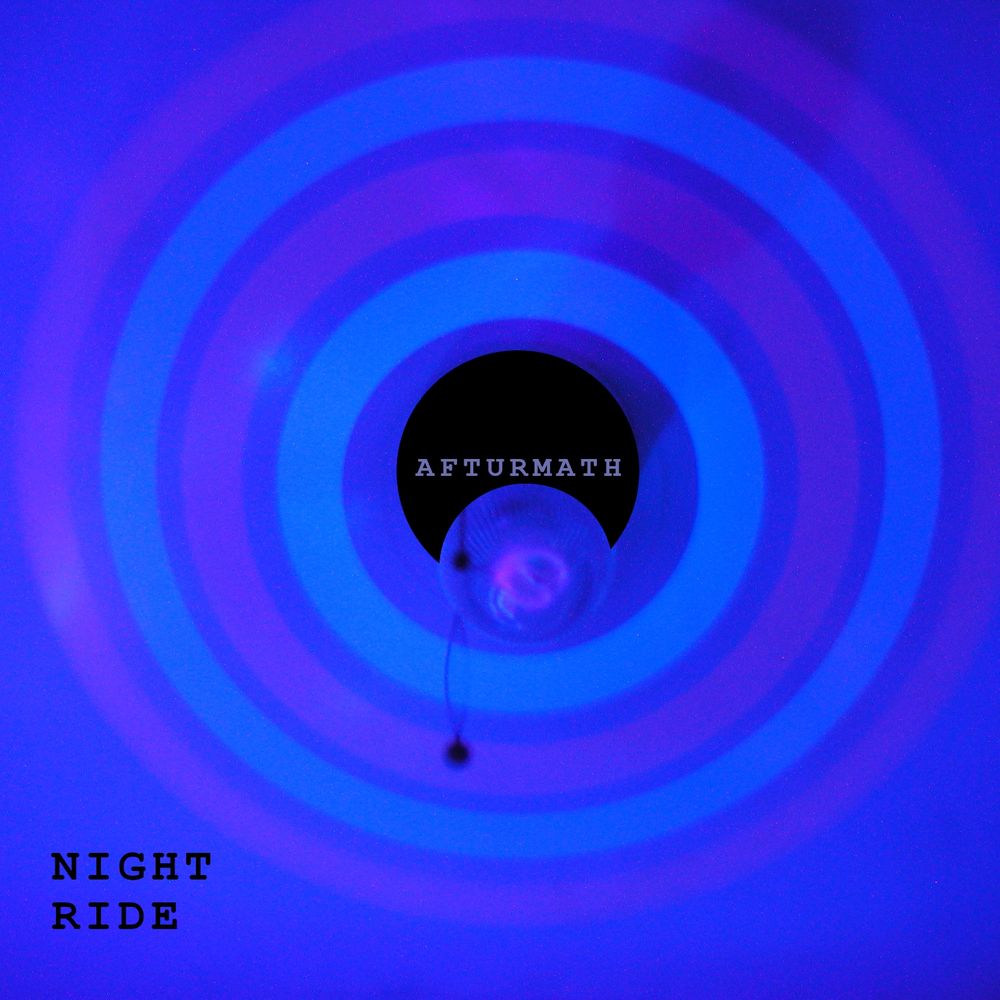 Album cover with purple-blue background, concentric circles in pale blue and pale red, with the text Afturmath on a blacked out section in the middle and "Night Ride" in the lower left corner.