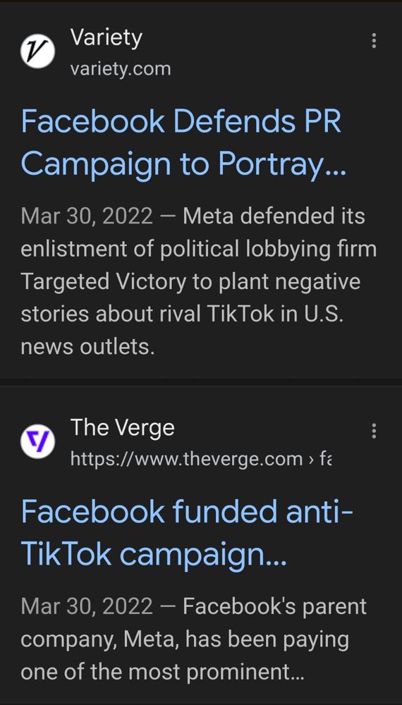 A screenshot of two news stories from 2022 about Meta habits defending its PR campaign to get TikTok banned. 
