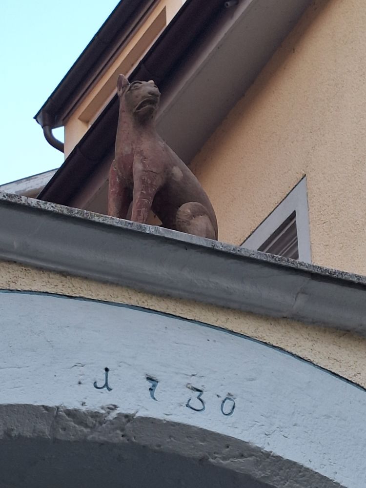 Statue of a cat over a doorway. The cat is frowning with its teeth bared like something horrible a d grotesque has just appeared before it