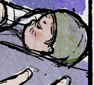 A digital ink sketch colored in a watercolor style. 

Various close-up cropped images of a newborn infant swaddled in a pastel purple blanket and wearing a green hat. 
