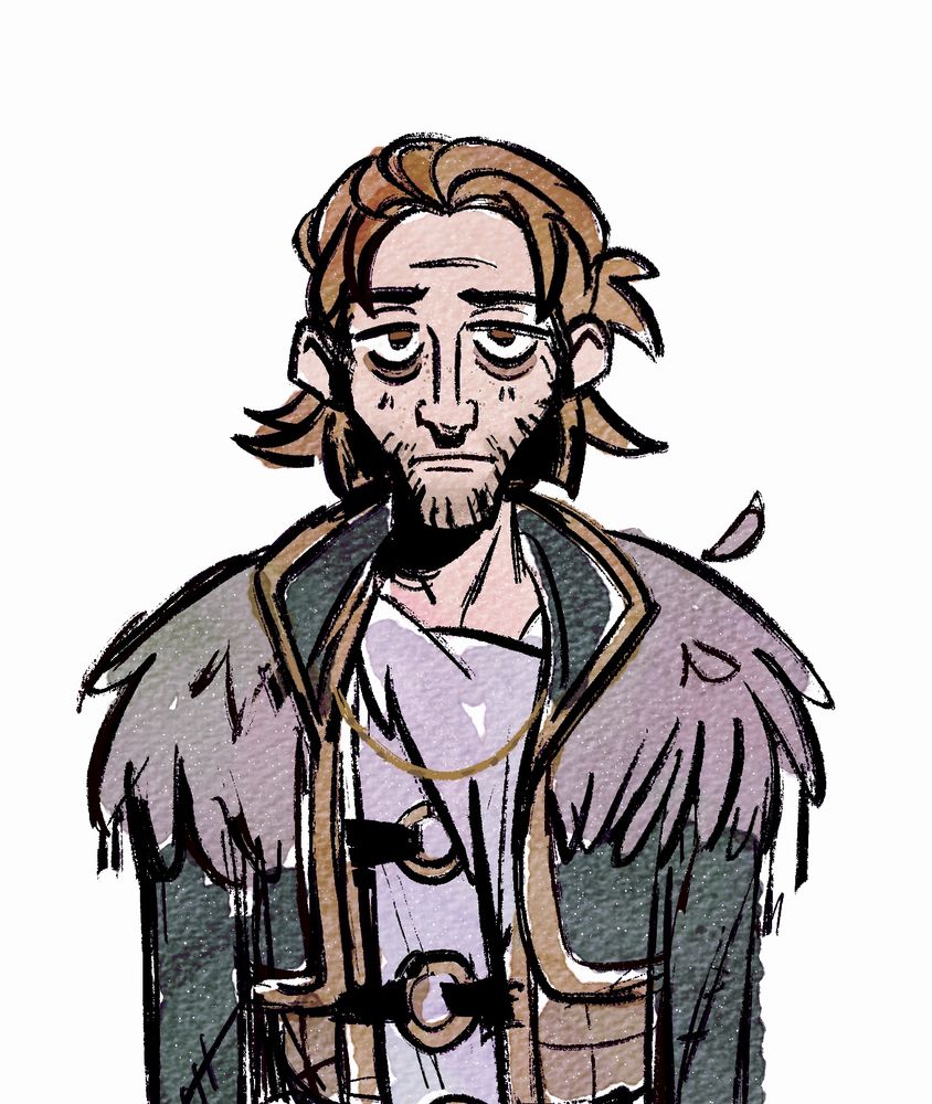 Doodle of Anders from video game franchise Dragon age. It’s a bust with Anders facing frontward, he looks tired and is frowning. 
