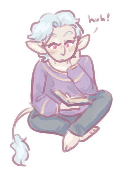 cartoon drawing of astarion ancunin of baldur's gate 3, a pale vampire in pastel tones. he is sitting cross-legged and reading a book, wearing a purple loose sweater and grey pants. he has a tail, and his expression is one of mild surprise, with a speech dialogue that says "huh!"
