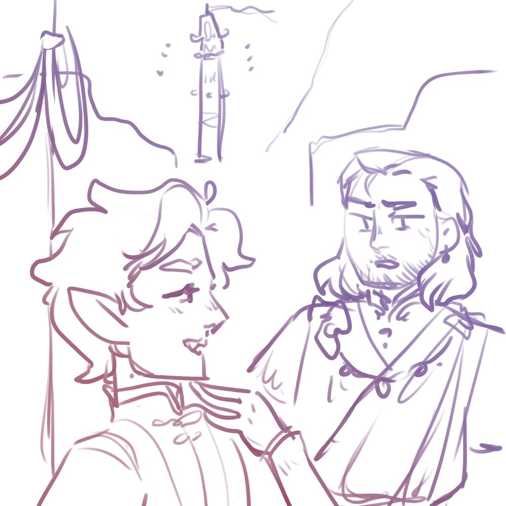astarion and gale of baldur's gate 3 having an interaction. it is a drawing in purple and magenta lines. astarion is a fluffy-haired elf vampire and gale is a human wizard with a nice mullet. there is a tower in the background.