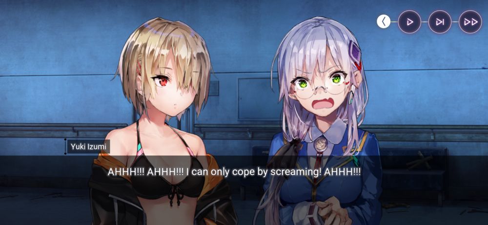 A screencap from Heaven Burns Red of Ruka Kayamori, who is in a black swimsuit, and Yuki Izumi, who is in her uniform. Yuki is screaming, “AHHH!!! AHHH!!! I can only cope by screaming! AHHH!!!”