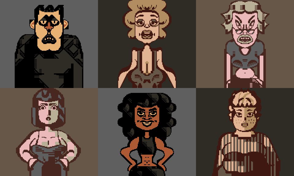 6 halfbody portraits of strange looking people