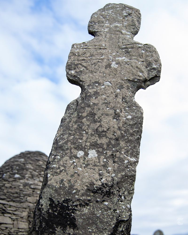 A large stone cross, roughly carved, in the monastery of Skellig Michael 