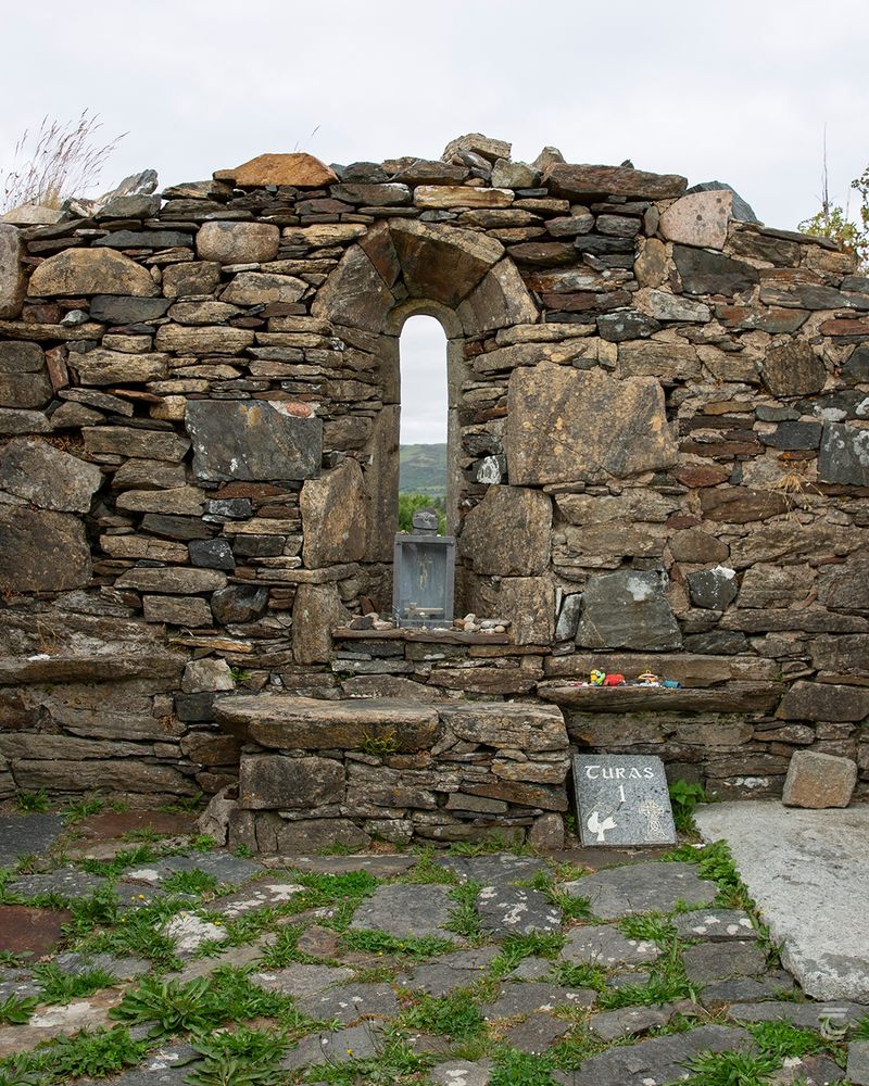 The interior of the ruined 16th century chapel for Colmcille at Gartan