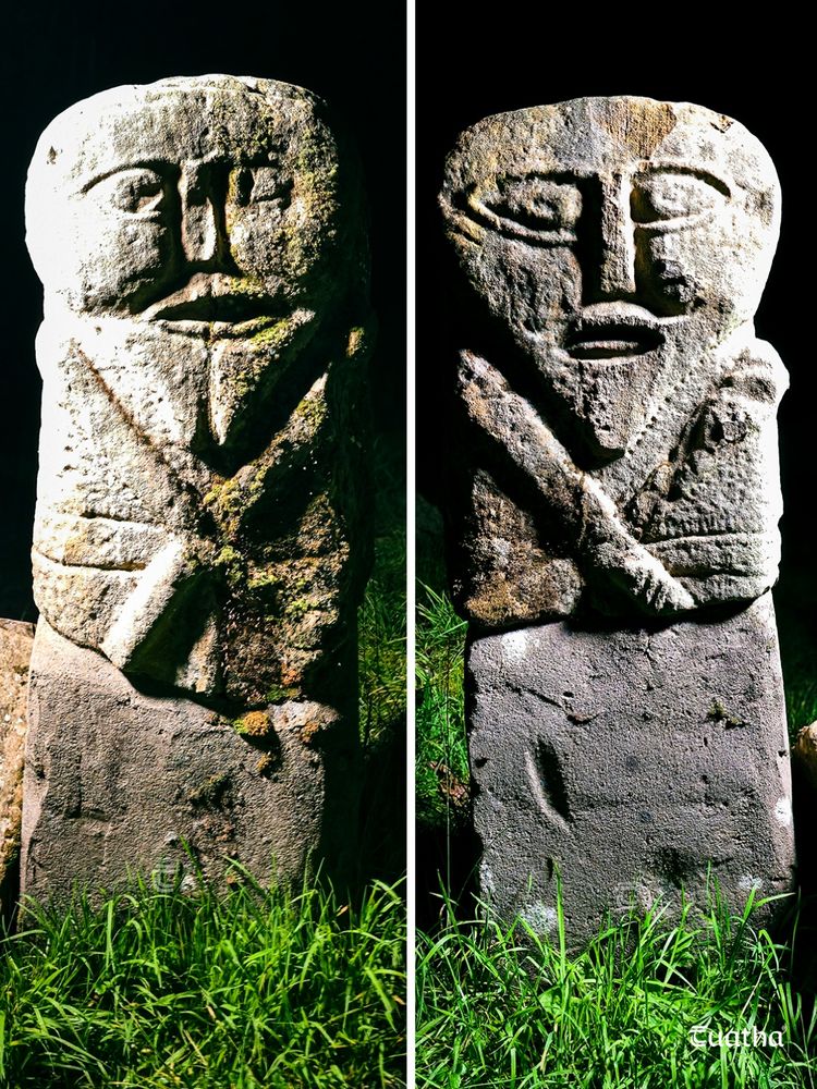 A composition showing both sides of the Dreenan Figure on Boa Island. It is a stone idol depicting a bearded man with crossed arms