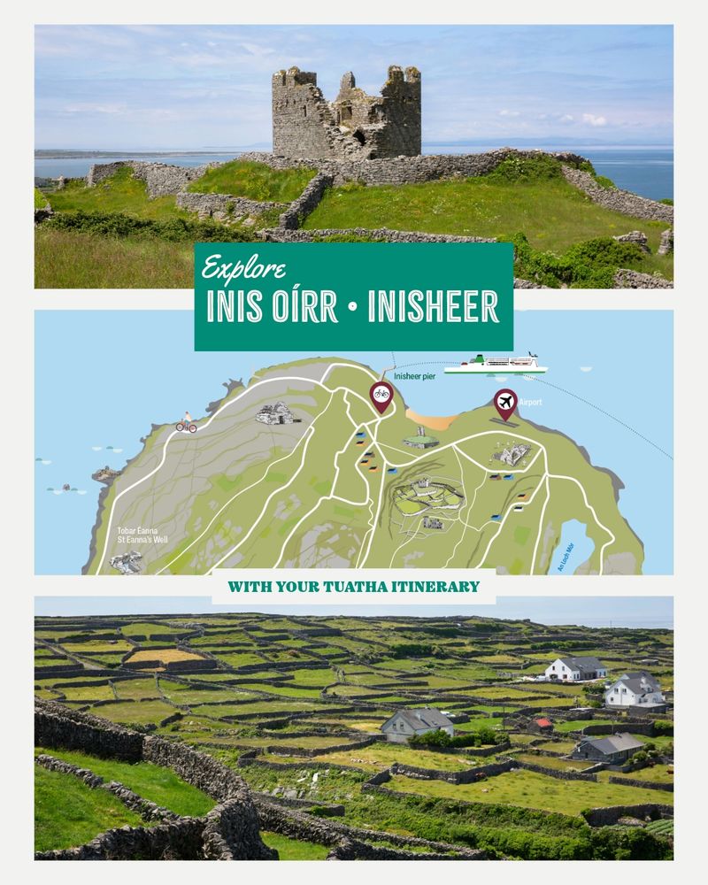 A promotional image for our Inis Oírr Itinerary featuring two of the featured sites and part of the illustrated map 