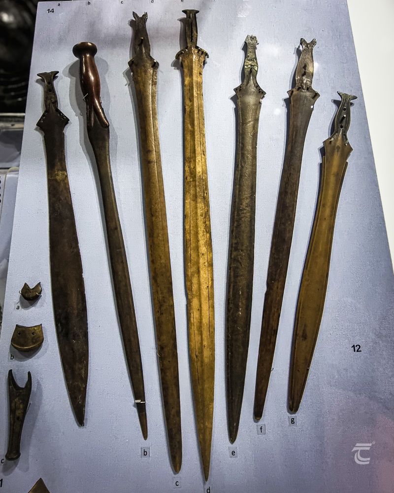 Seven Bronze swords with leaf shaped blades on display in the National Museum of Ireland 