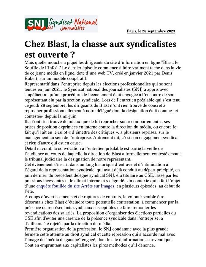 Communiqué du SNJ déplorant l'attitude antisyndicale de la direction du média Blast.