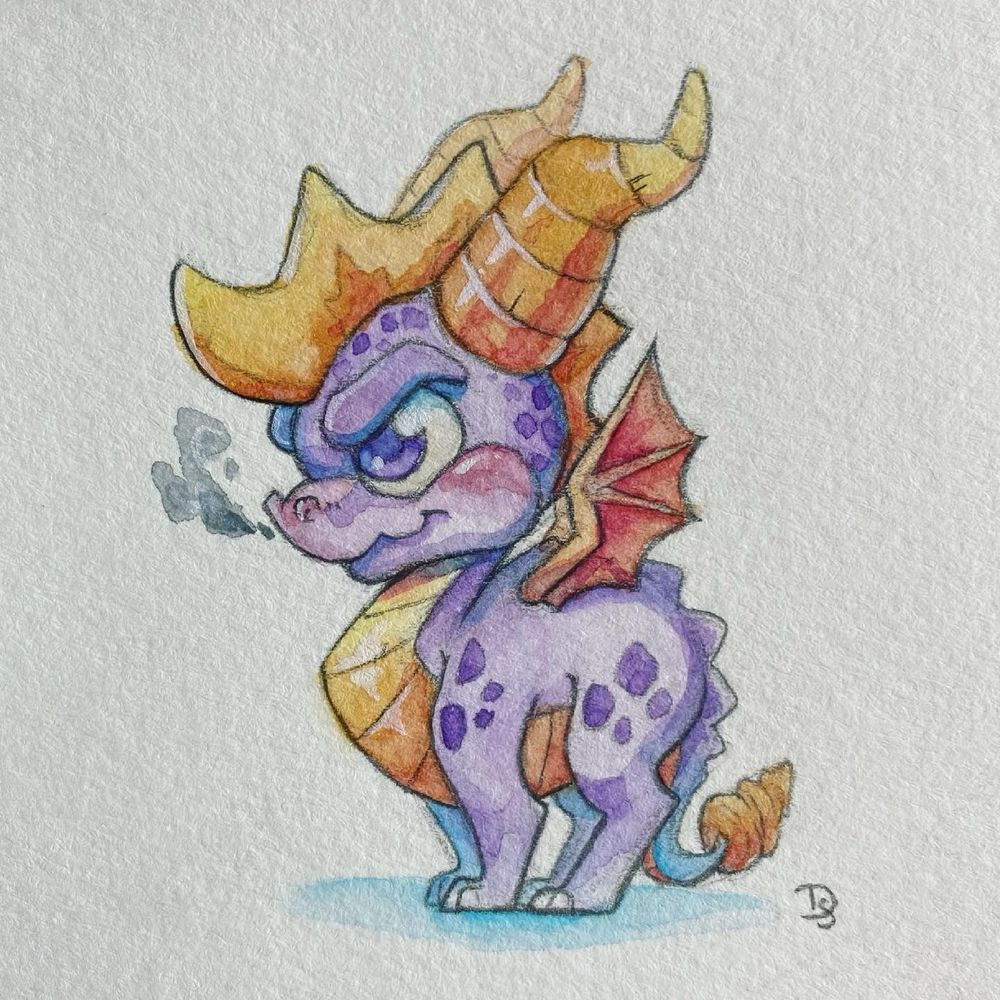 A watercolor of a sassy looking Spyro the dragon standing with smoke coming out of his nose as he stares ahead.