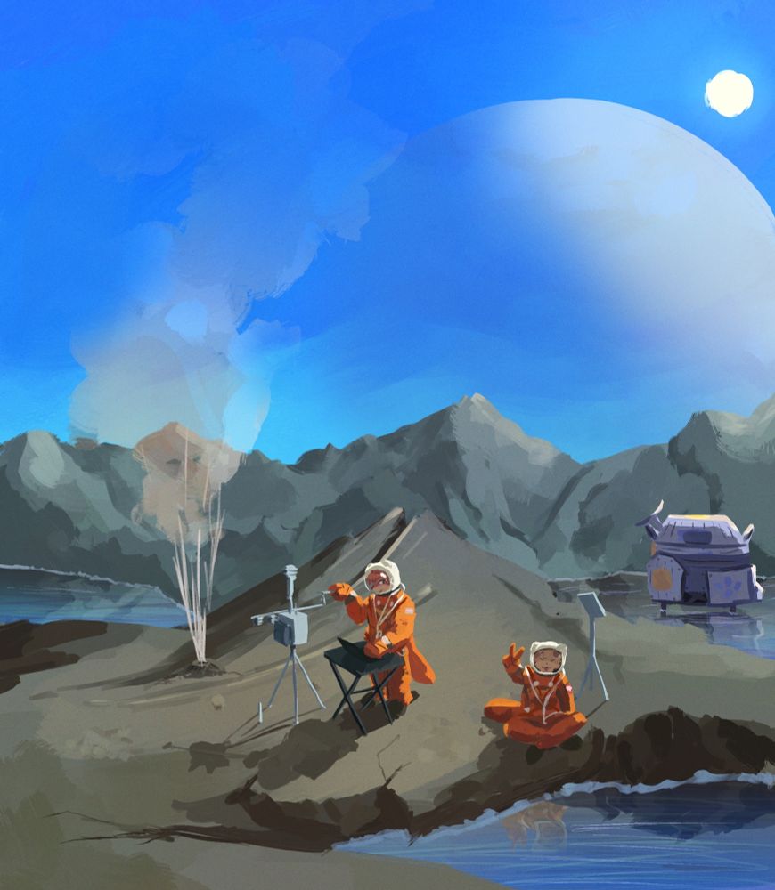 Two anthropomorphic animals in orange spacesuits standing on dry land on an ocean moon in the daytime. One of them, on the left, is collecting meteorological data and typing on a laptop propped up by a black table, while the right shows a peace sign to the viewer in front of a small solar panel. Their space capsule is depicted in water in the background. A geyser shoots out steam on the left. Mountains can be seen in the background. A large planet looms over in the sky, and in the corner lies the system’s sun.