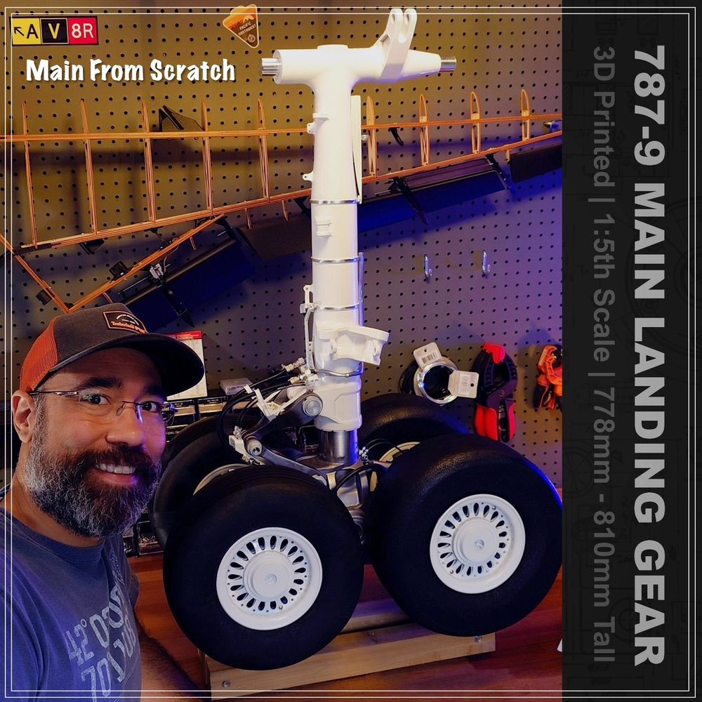 Terrance standing next to custom hand crafted model of Boeing 787 landing gear. 