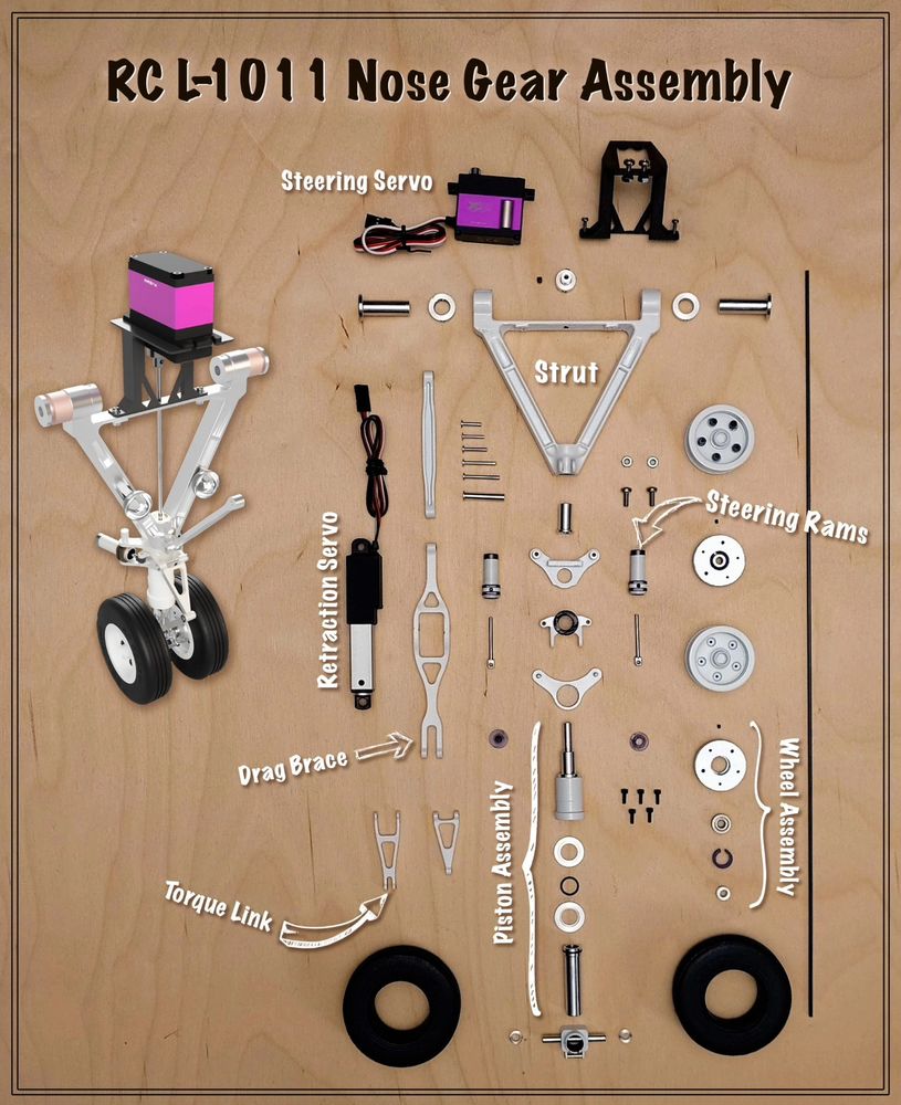 Assembly layout of the L-1011 RC airplane parts made from resin 3D printed parts and some lathe turned parts. 