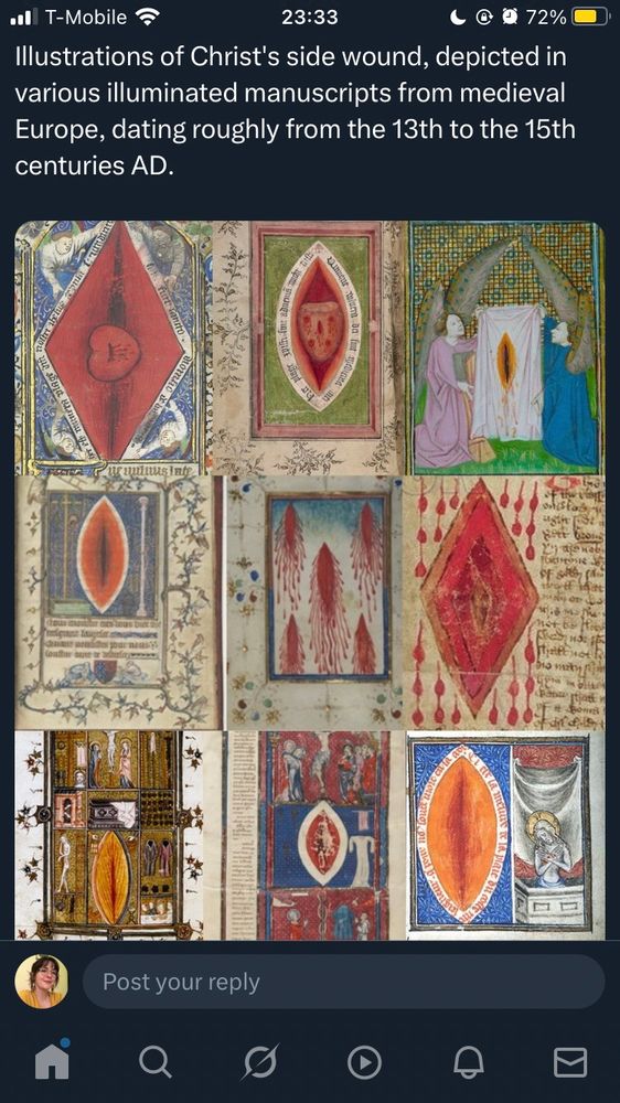 a screenshot of a tweet featuring images of Christ’s wounds in medieval manuscripts (and accompanying tweet identifying as such) that all look suspiciously like vaginas 