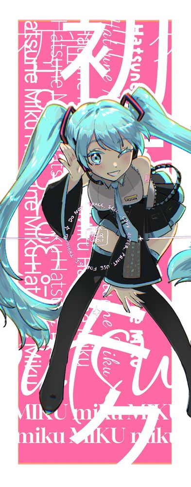 Hatsune Miku bent forward doing a "I'm listening to you" gesture, winking and posing in front of a bright pink background with her name written in white with many different fonts