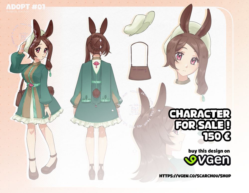 Character design sheet of a brown haired girl with hare ears and tail and an emerald dress. Her design is for sale as an adoptable for 150€ through VGen (https://vgen.co/scarchou/shop)