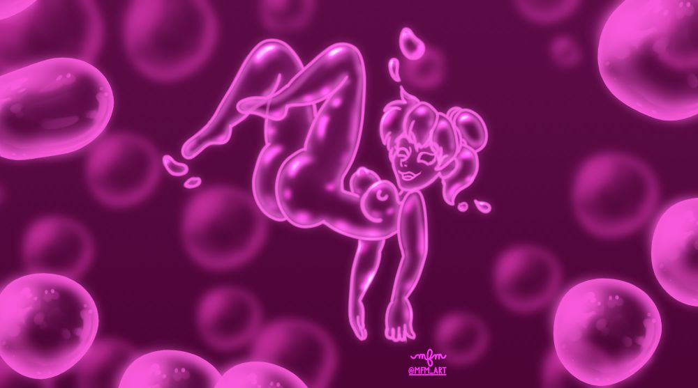 Pink bubble woman floating aimlessly with her legs up and a relaxed look on her face as she leaves a trail of bubbles around her. She's surrounded in a surreal pink background with large bubbles floating around. Character depicted is Psudonym's Colette OC.