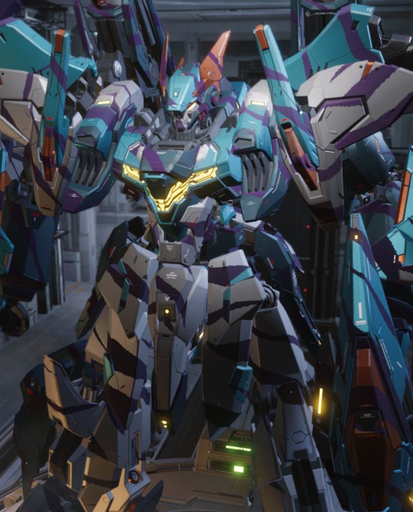 A mecha colored in white, teal, and orange with purple stripes