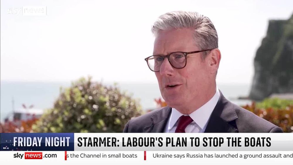 SKY news chyron under Kier Starmer: "LABOUR'S PLAN TO STOP THE BOATS"
