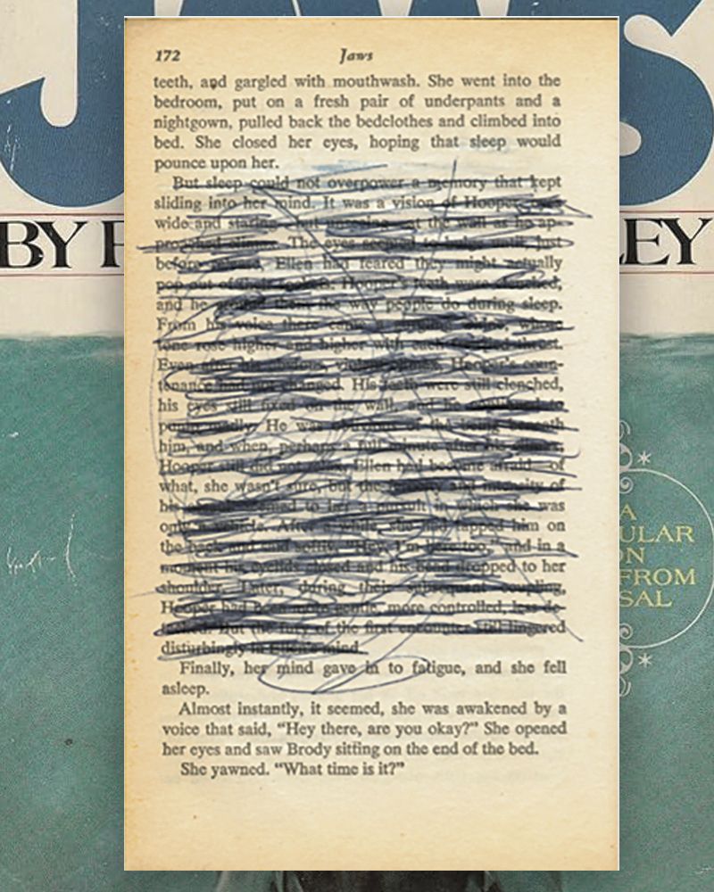 A page from the book JAWS, with most of the text crossed out in blue pen by an overzealous mother