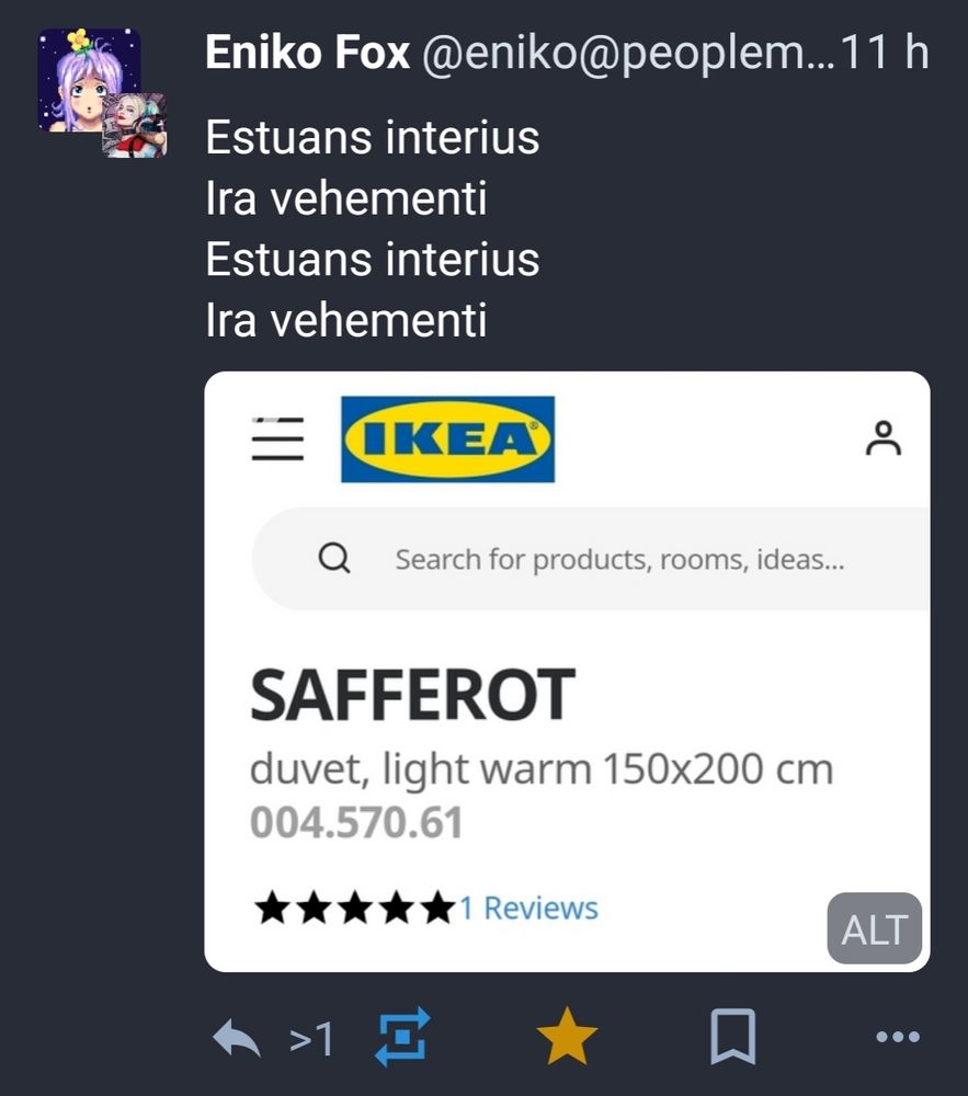 Screenshot of a Mastodon post :
"Estuans interius
Ira vehementi
Estuans interius
Ira vehementi"
Followed by another screenshot of an Ikea duvet called "Safferot"