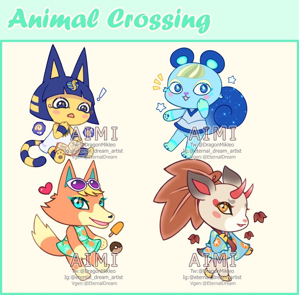 Drawing that depicts some villagers from the videogame Animal Crossing New Horizons. They are Ankha, the cat, Ione, the squirrel, Audie, the wolf and Shino, the deer.
