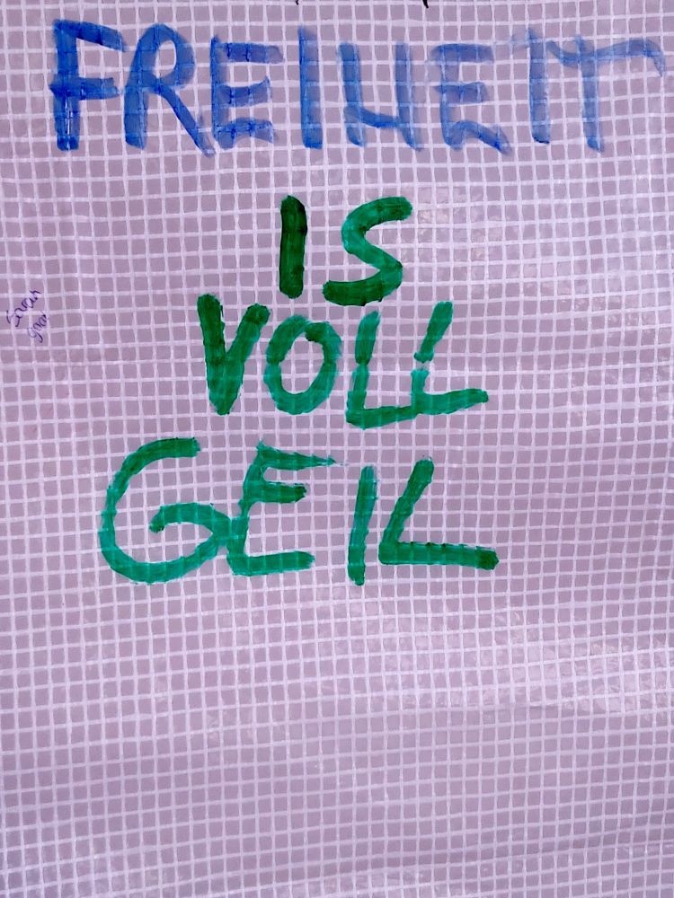 Weisse Plane mit blau_grüner Schrift: Freiheit is voll geil