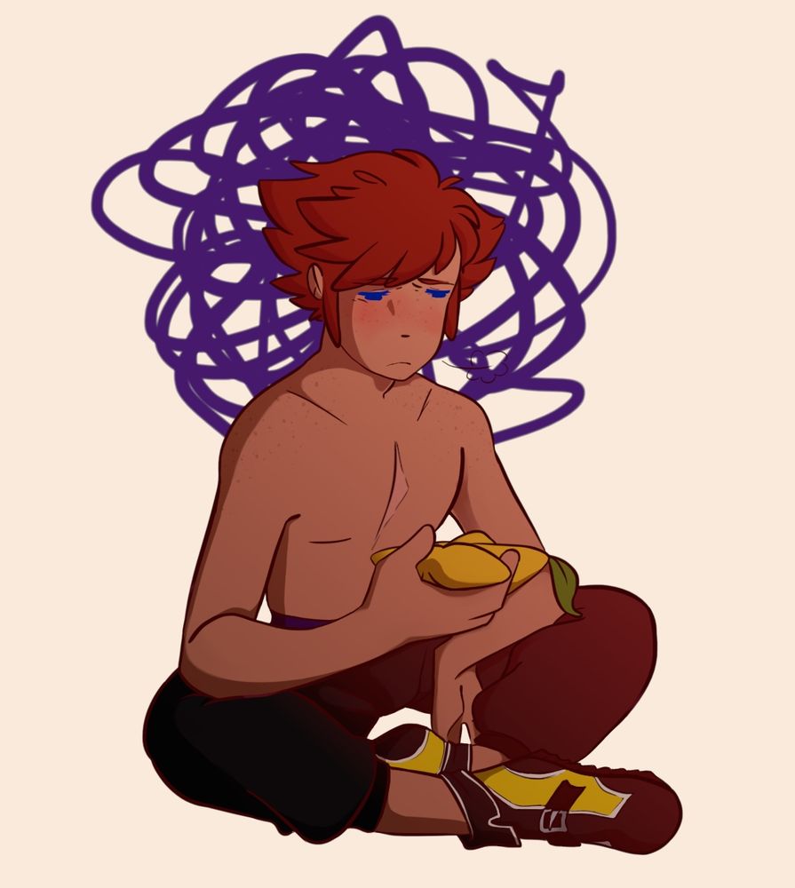 Sora from Kingdom Hearts, not wearing a shirt, staring forlornly at a paopu fruit with his legs crossed. His chest scar is visible and there are purple scribbles behind his head